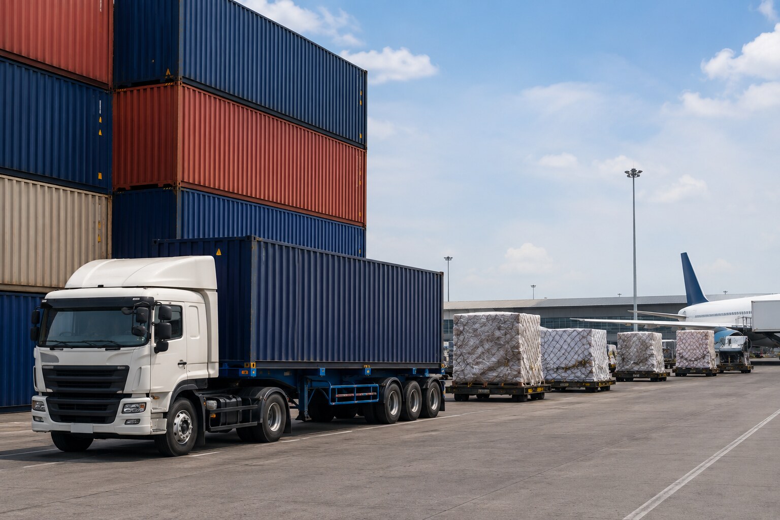 Cargo containers and logistics operations at a freight terminal